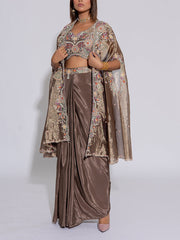 Grey  Embroidered Silk Cape and Draped Skirt Set