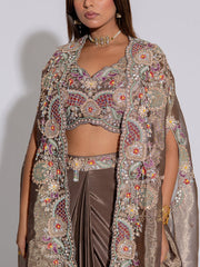 Grey  Embroidered Silk Cape and Draped Skirt Set