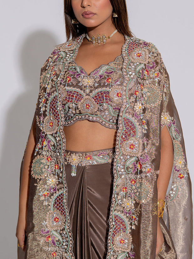 Grey  Embroidered Silk Cape and Draped Skirt Set