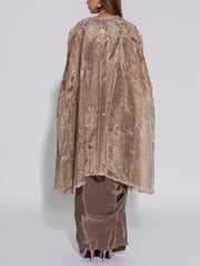 Grey  Embroidered Silk Cape and Draped Skirt Set