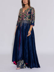 Navy Blue Embroidered Silk Gown