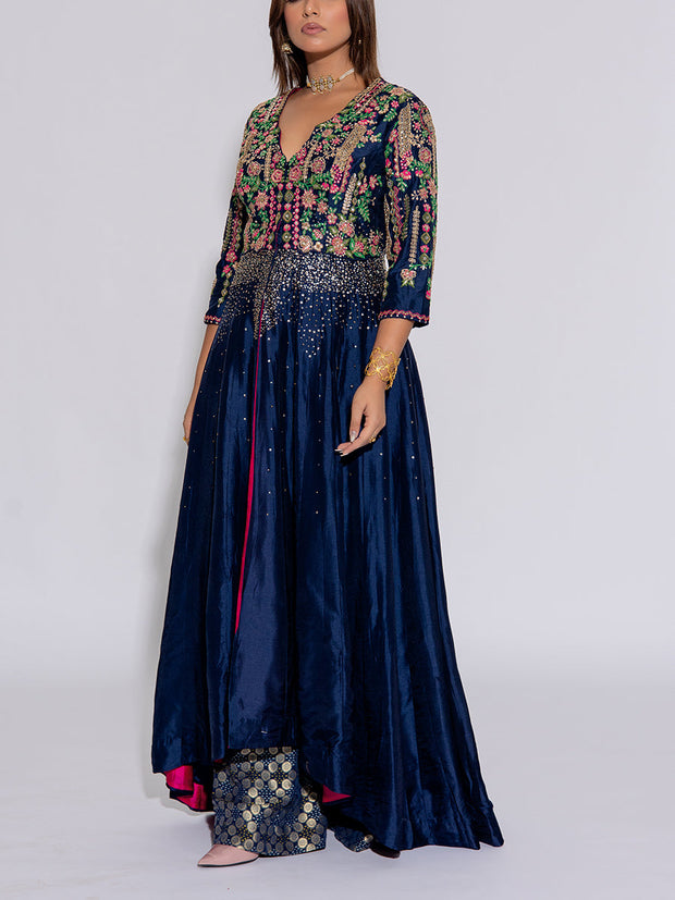 Navy Blue Embroidered Silk Gown