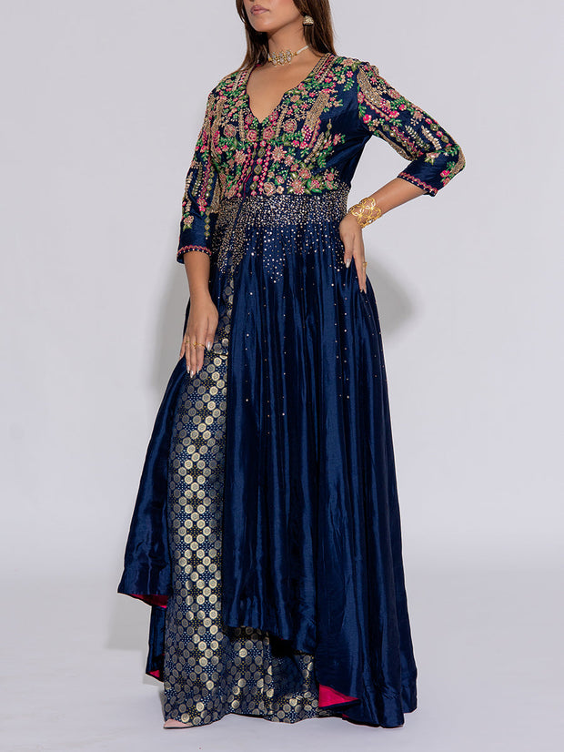 Navy Blue Embroidered Silk Gown