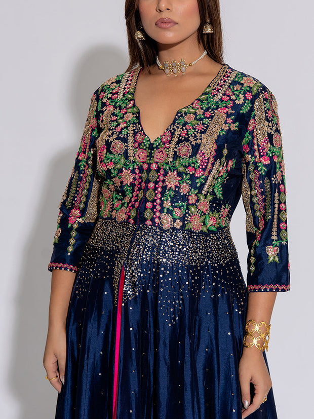 Navy Blue Embroidered Silk Gown