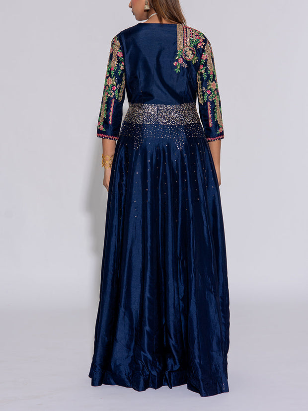 Navy Blue Embroidered Silk Gown