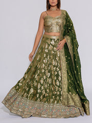 Mehandi Green Banarasi Tissue Silk Lehenga Set