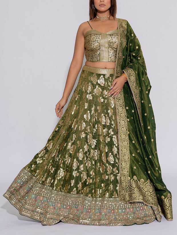 Mehandi Green Banarasi Tissue Silk Lehenga Set