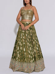 Mehandi Green Banarasi Tissue Silk Lehenga Set