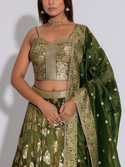Mehandi Green Banarasi Tissue Silk Lehenga Set