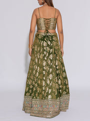 Mehandi Green Banarasi Tissue Silk Lehenga Set