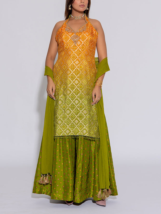 Yellow and Green Silk Kurta and Sharara Set