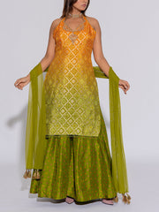Yellow and Green Silk Kurta and Sharara Set