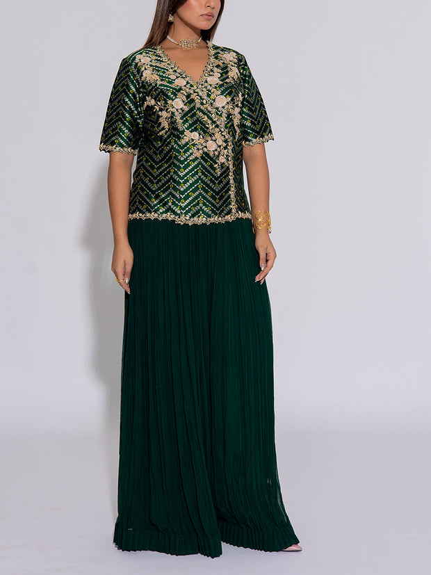 Dark Green Embroidered Silk Top and Palazzo Set