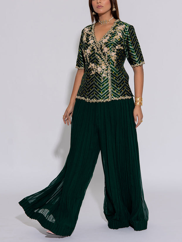 Dark Green Embroidered Silk Top and Palazzo Set