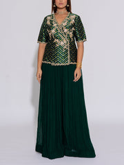 Dark Green Embroidered Silk Top and Palazzo Set