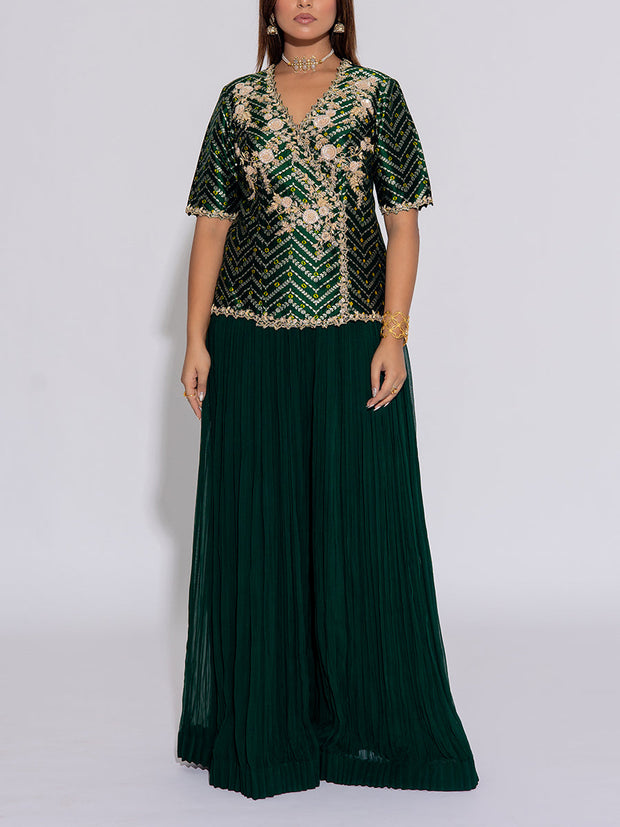 Dark Green Embroidered Silk Top and Palazzo Set