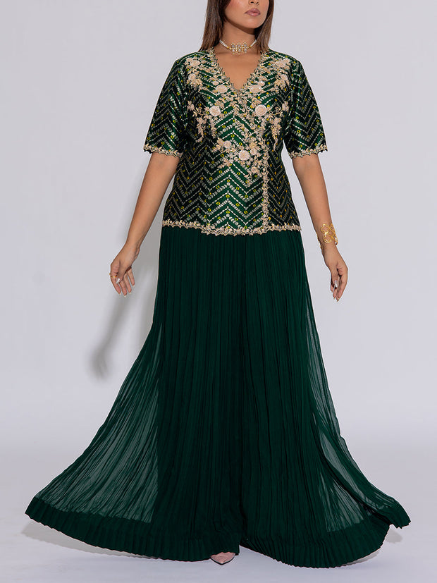 Dark Green Embroidered Silk Top and Palazzo Set