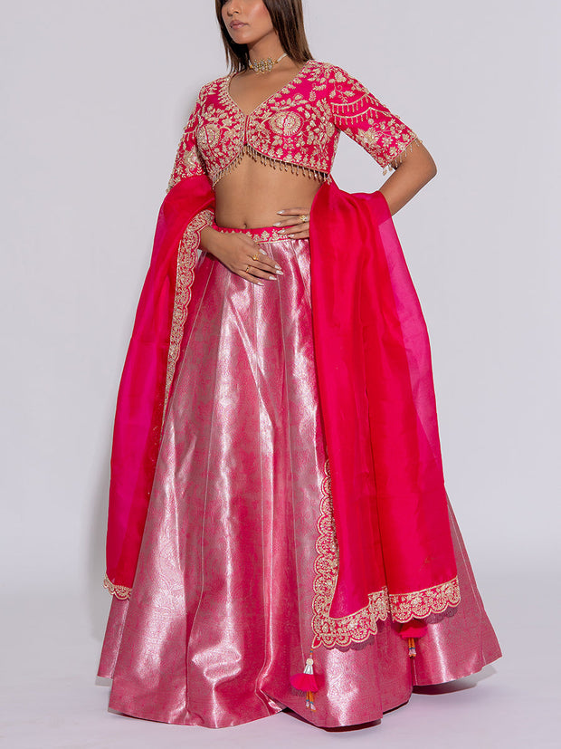 Pink Embroidered  Silk Lehenga Set