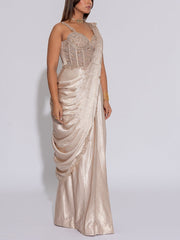 Beige Embroidered Satin Silk Drape Saree