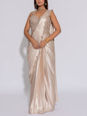 Beige Embroidered Satin Silk Drape Saree