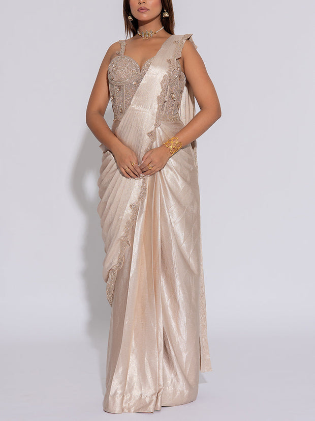 Beige Embroidered Satin Silk Drape Saree