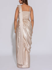Beige Embroidered Satin Silk Drape Saree
