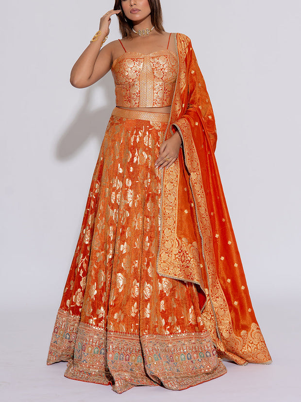 Rust Orange Silk Lehenga Set