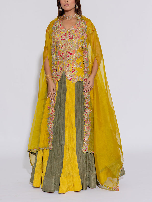 Yellow and  Green Embroidered Raw Silk Cape Set
