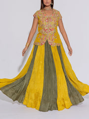 Yellow and  Green Embroidered Raw Silk Cape Set