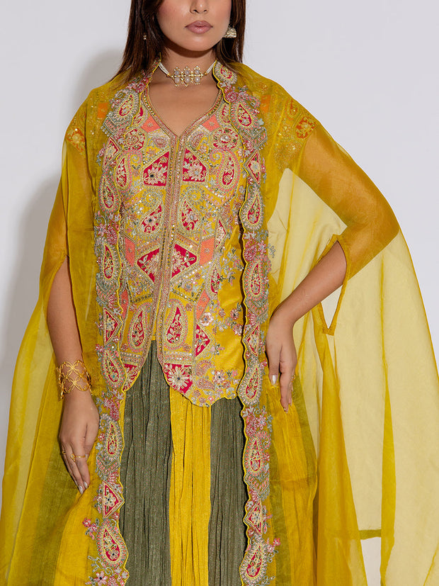 Yellow and  Green Embroidered Raw Silk Cape Set