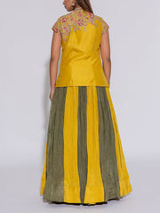 Yellow and  Green Embroidered Raw Silk Cape Set