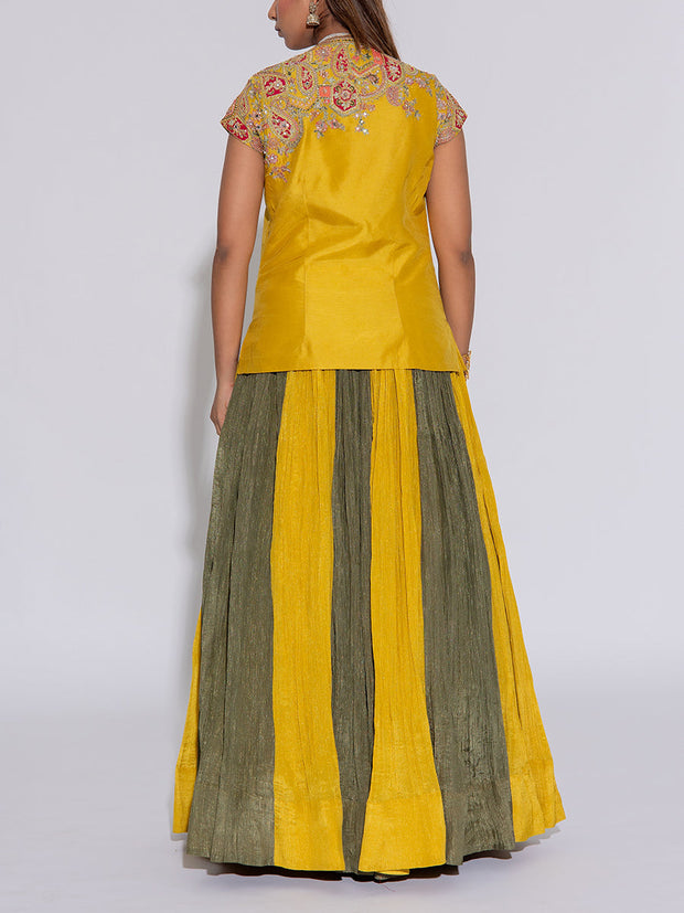 Yellow and  Green Embroidered Raw Silk Cape Set