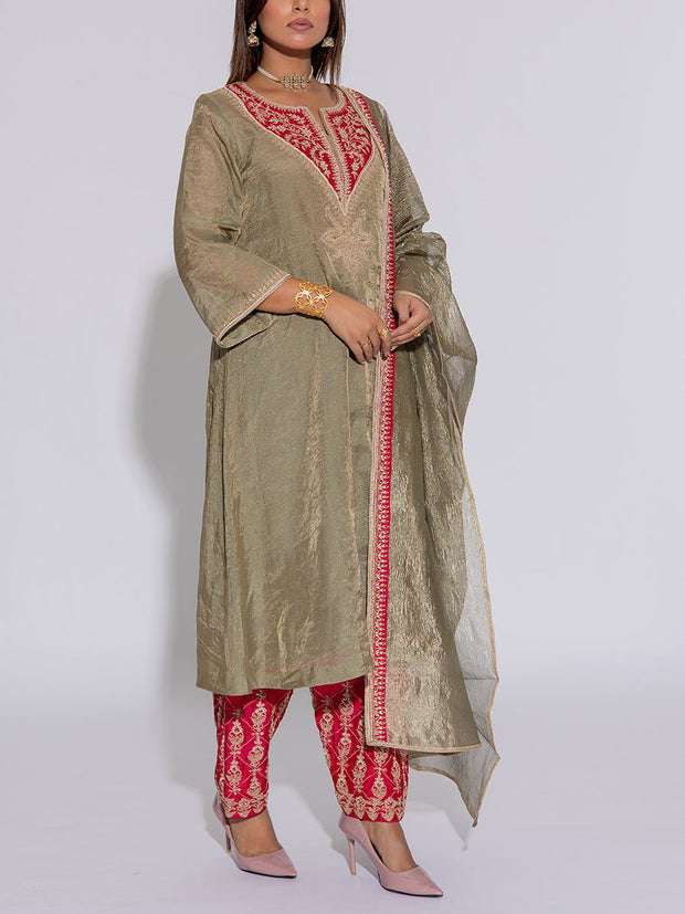 Laurel Green Embroidered Silk Suit Set