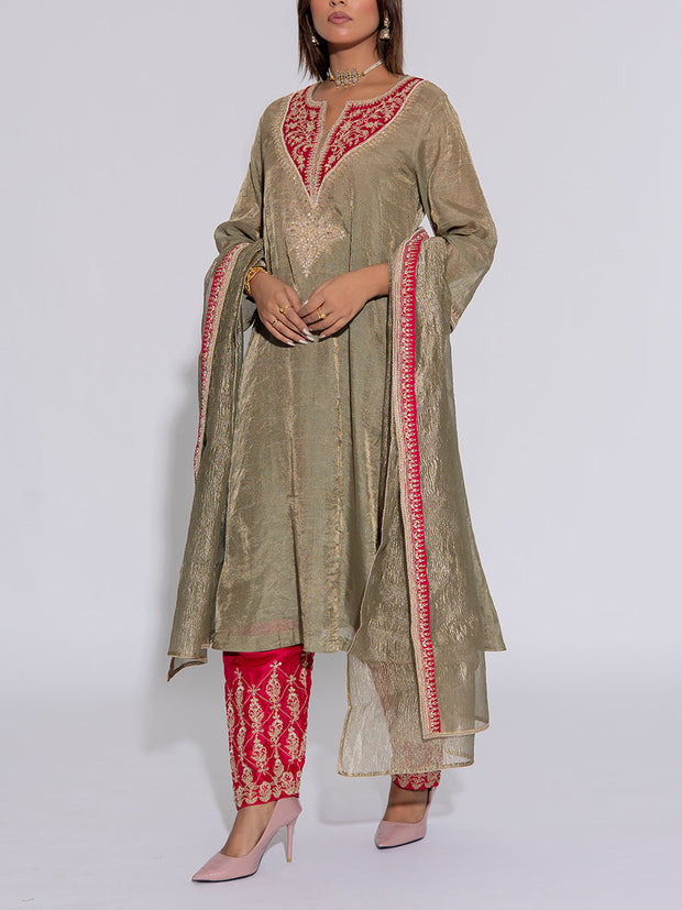 Laurel Green Embroidered Silk Suit Set