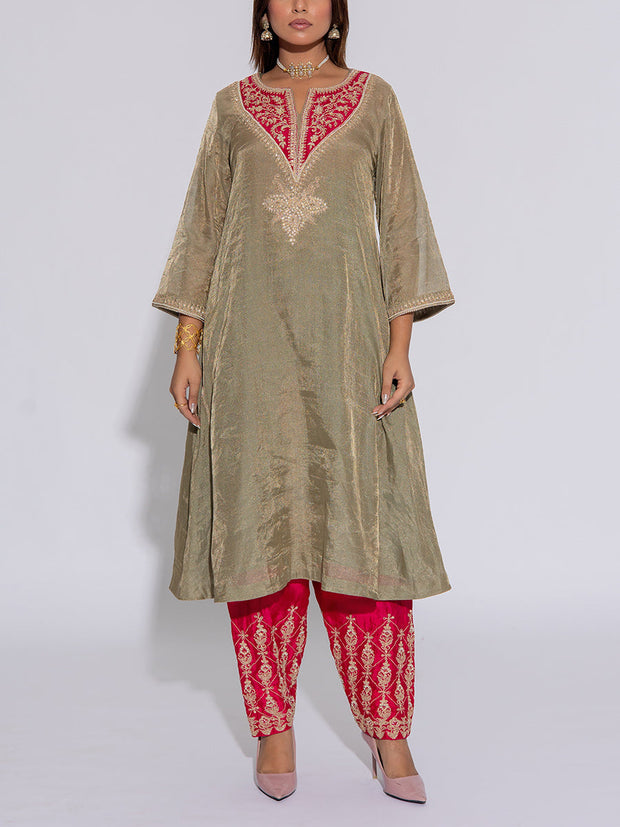 Laurel Green Embroidered Silk Suit Set