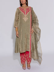 Laurel Green Embroidered Silk Suit Set