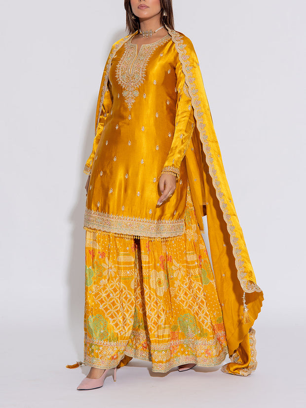 Mustard Yellow Embroidered Silk Kurta and Garara Set