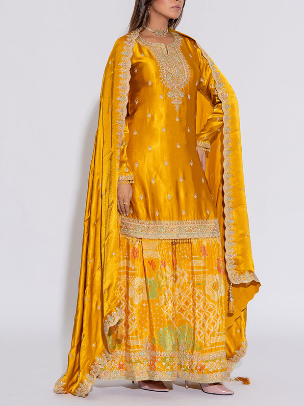 Mustard Yellow Embroidered Silk Kurta and Garara Set