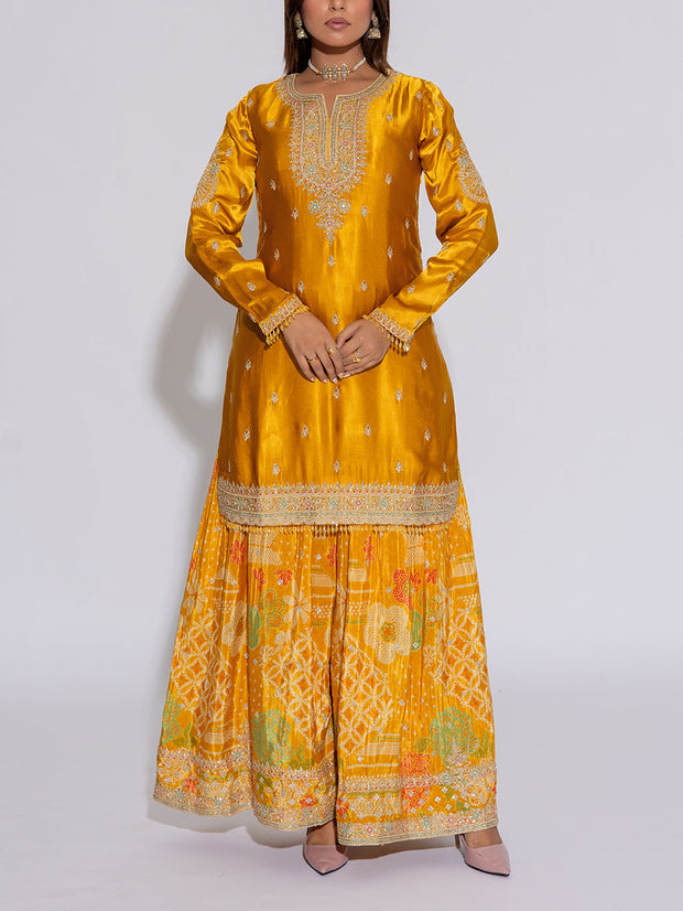 Mustard Yellow Embroidered Silk Kurta and Garara Set