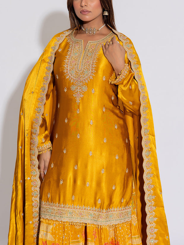 Mustard Yellow Embroidered Silk Kurta and Garara Set