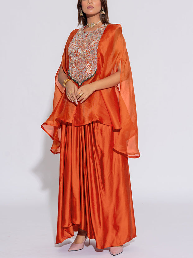 Orange Embroidered Cape and Drape Skirt Set