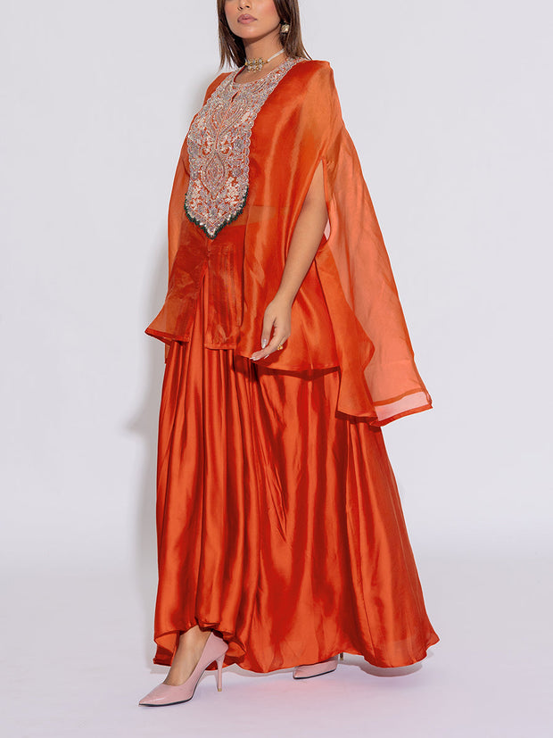 Orange Embroidered Cape and Drape Skirt Set