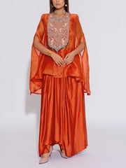 Orange Embroidered Cape and Drape Skirt Set