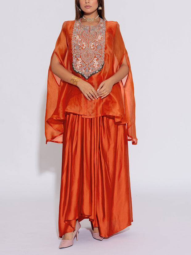 Orange Embroidered Cape and Drape Skirt Set