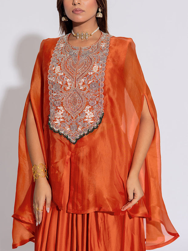 Orange Embroidered Cape and Drape Skirt Set