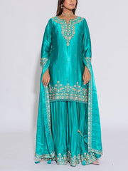Sea Green Silk Embroidered Kurta and Garara Set