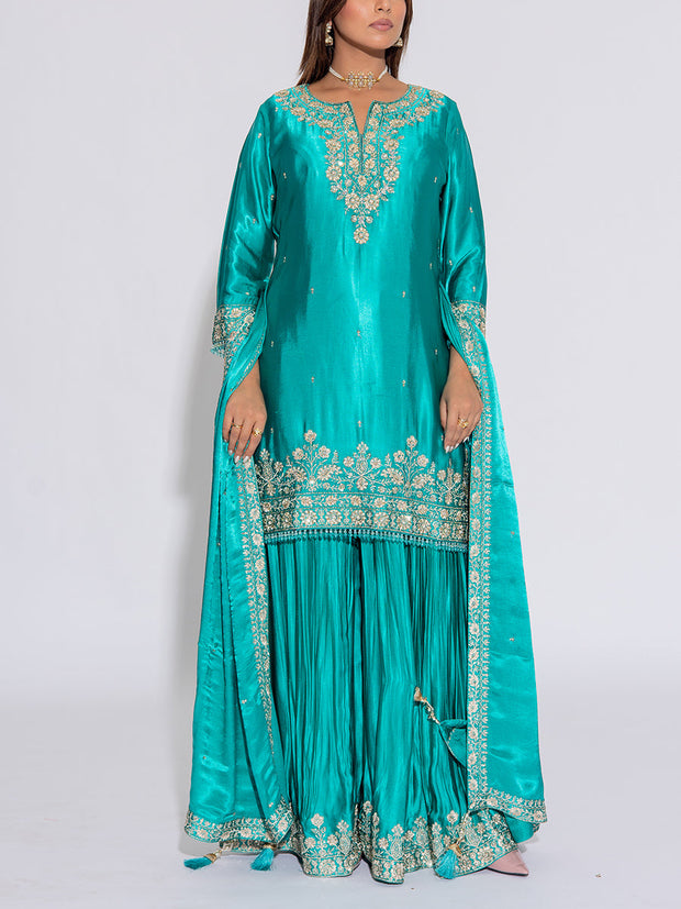 Sea Green Silk Embroidered Kurta and Garara Set