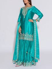 Sea Green Silk Embroidered Kurta and Garara Set