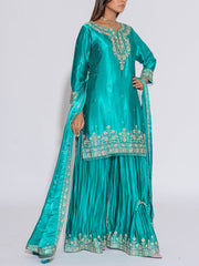 Sea Green Silk Embroidered Kurta and Garara Set