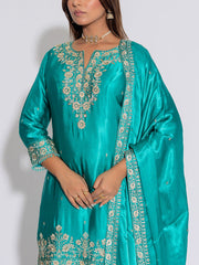 Sea Green Silk Embroidered Kurta and Garara Set